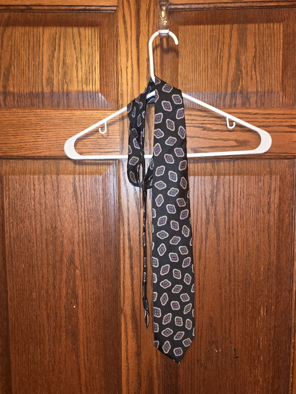 Pierre Balmain Black Silk Tie with Purple & Gray Medallions